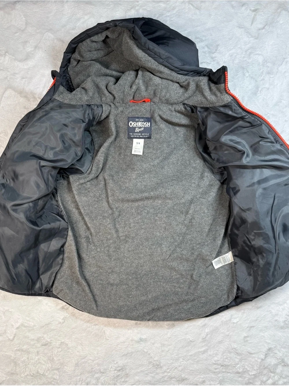 Osh Kosh B’Gosh Kids Hooded Puffer Jacket in Charcoal with Orange Accents